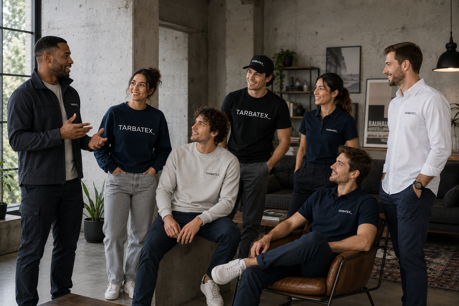 Equipo de una empresa con polos y sudaderas corporativas en un stand de feria