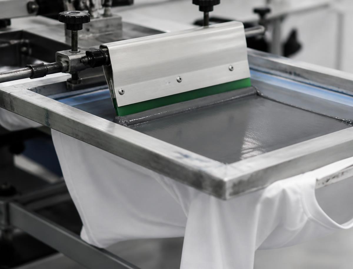 Serigrafía textil: pantalla y rasqueta imprimiendo sobre una camiseta blanca